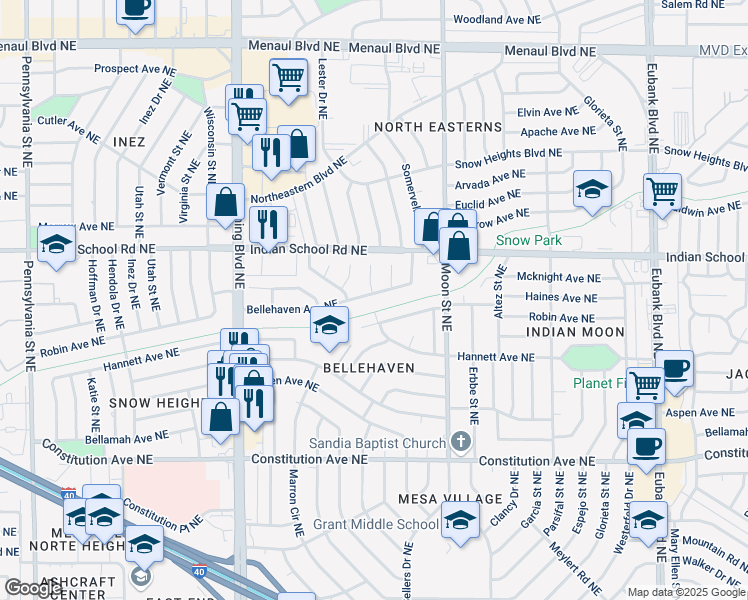 map of restaurants, bars, coffee shops, grocery stores, and more near 9004 Bellehaven Avenue Northeast in Albuquerque