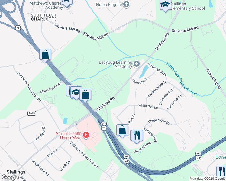 map of restaurants, bars, coffee shops, grocery stores, and more near 2003 Stallings Road in Stallings