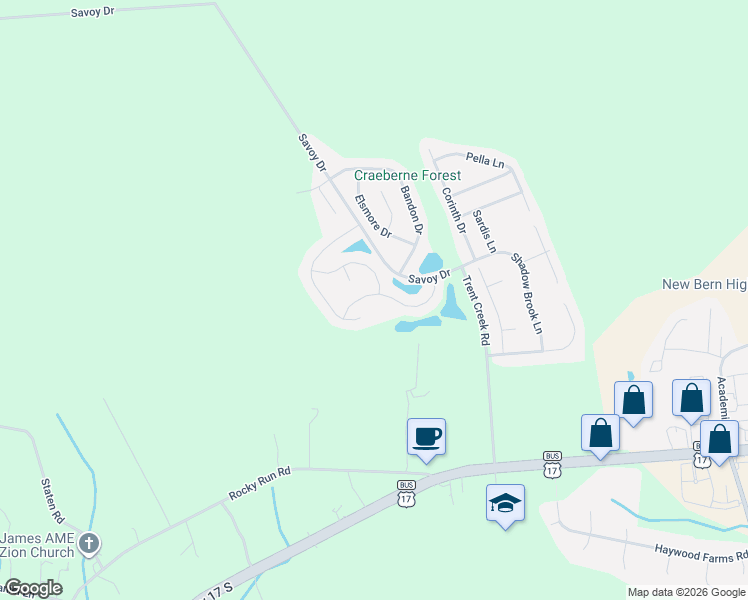 map of restaurants, bars, coffee shops, grocery stores, and more near 133 Craftsman Drive in New Bern