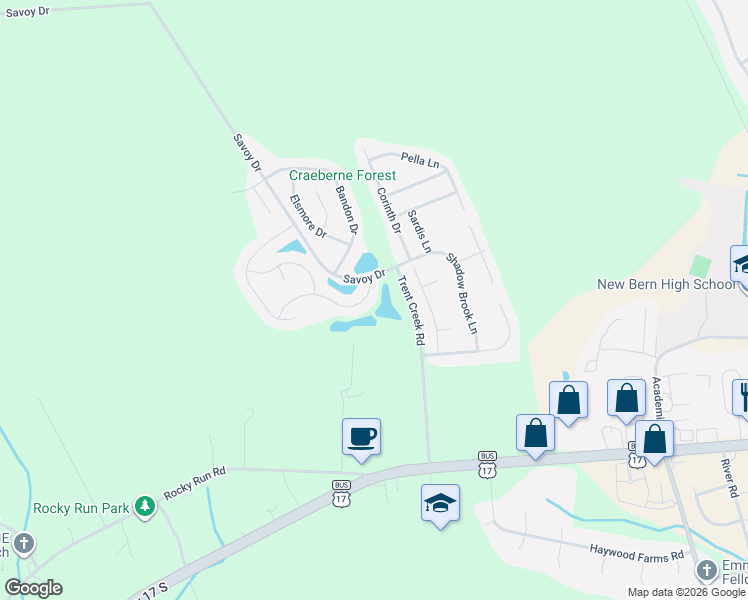 map of restaurants, bars, coffee shops, grocery stores, and more near 109 Craftsman Drive in New Bern