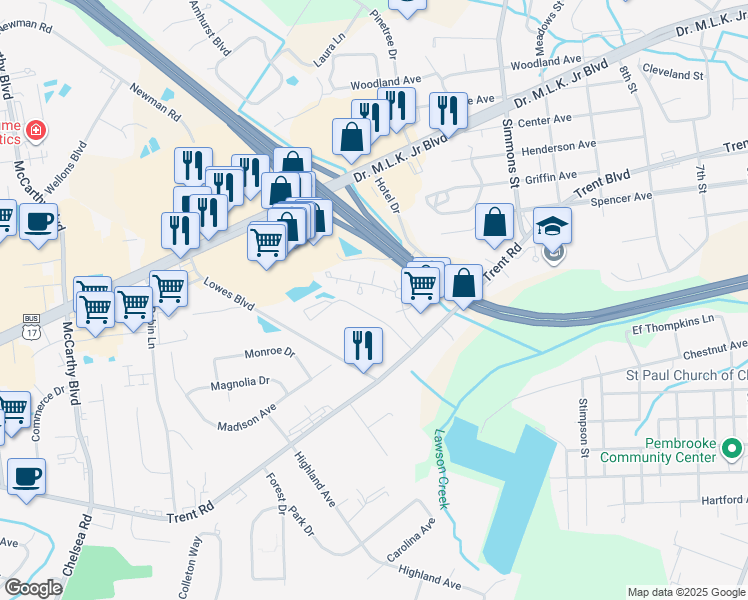 map of restaurants, bars, coffee shops, grocery stores, and more near 2804 Currituck Court in New Bern