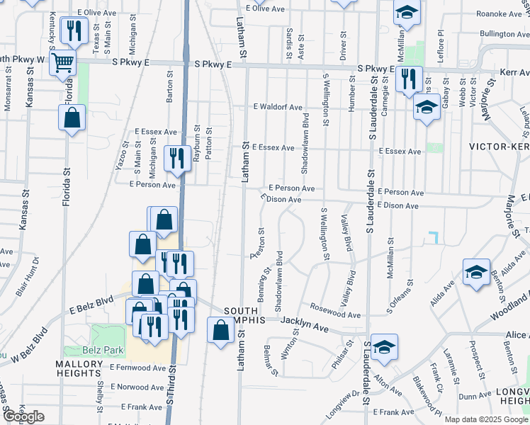 map of restaurants, bars, coffee shops, grocery stores, and more near 1724 Preston Street in Memphis