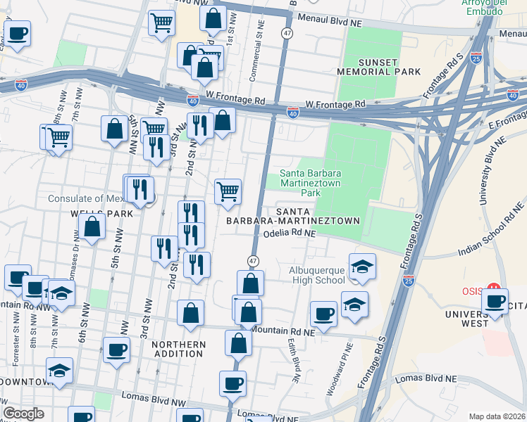 map of restaurants, bars, coffee shops, grocery stores, and more near 301 Gomez Avenue Northeast in Albuquerque