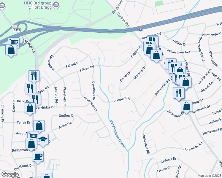 map of restaurants, bars, coffee shops, grocery stores, and more near 724 Windy Hill Circle in Fayetteville