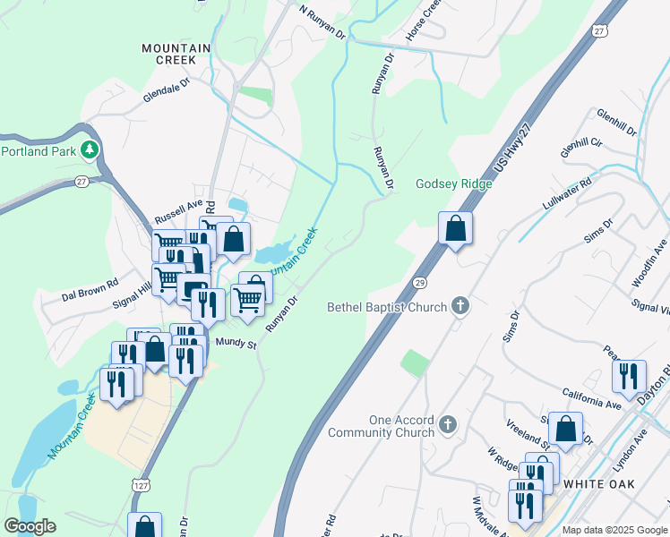 map of restaurants, bars, coffee shops, grocery stores, and more near 812 Runyan Drive in Chattanooga