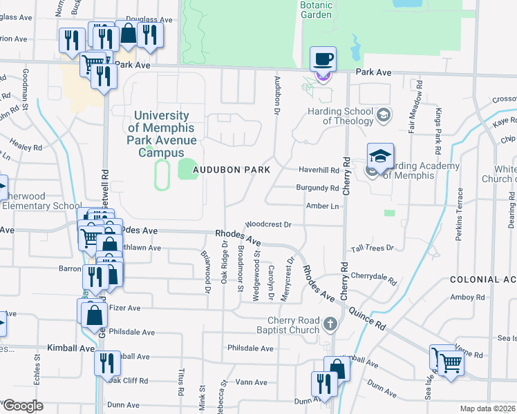 map of restaurants, bars, coffee shops, grocery stores, and more near 1142 Audubon Drive in Memphis