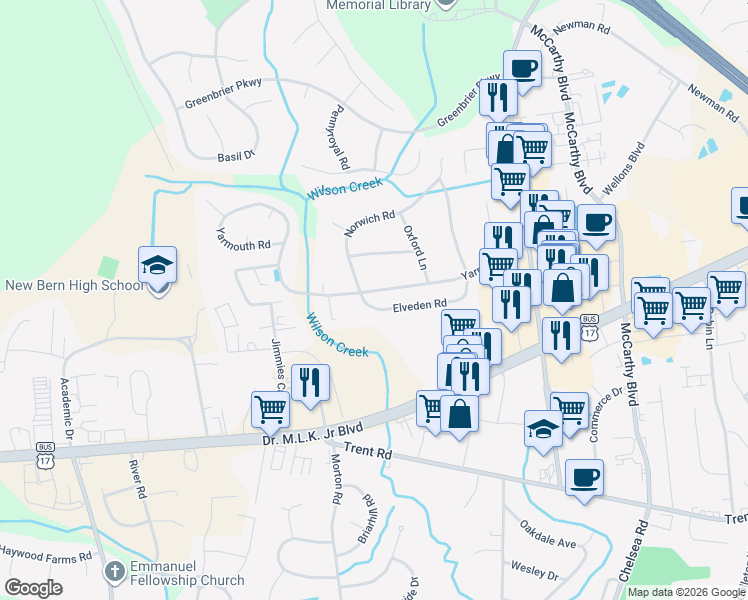 map of restaurants, bars, coffee shops, grocery stores, and more near 3712 Elveden Road in New Bern