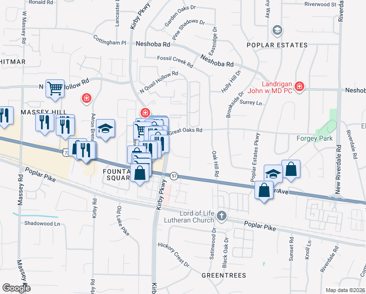 map of restaurants, bars, coffee shops, grocery stores, and more near 1790 Kirby Parkway in Memphis