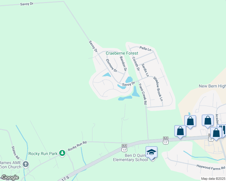 map of restaurants, bars, coffee shops, grocery stores, and more near 133 Craftsman Drive in New Bern