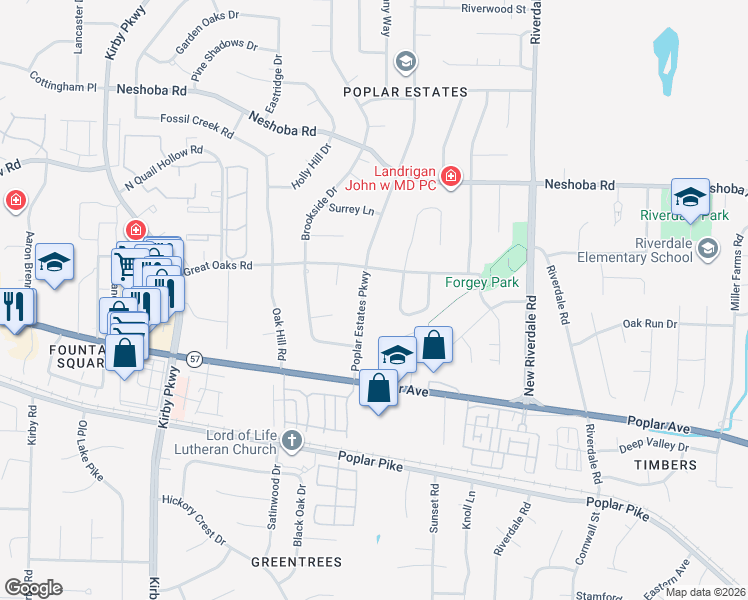 map of restaurants, bars, coffee shops, grocery stores, and more near 1800 Poplar Estates Parkway in Germantown
