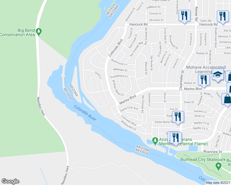 map of restaurants, bars, coffee shops, grocery stores, and more near 1967 West Riverbend Circle in Bullhead City
