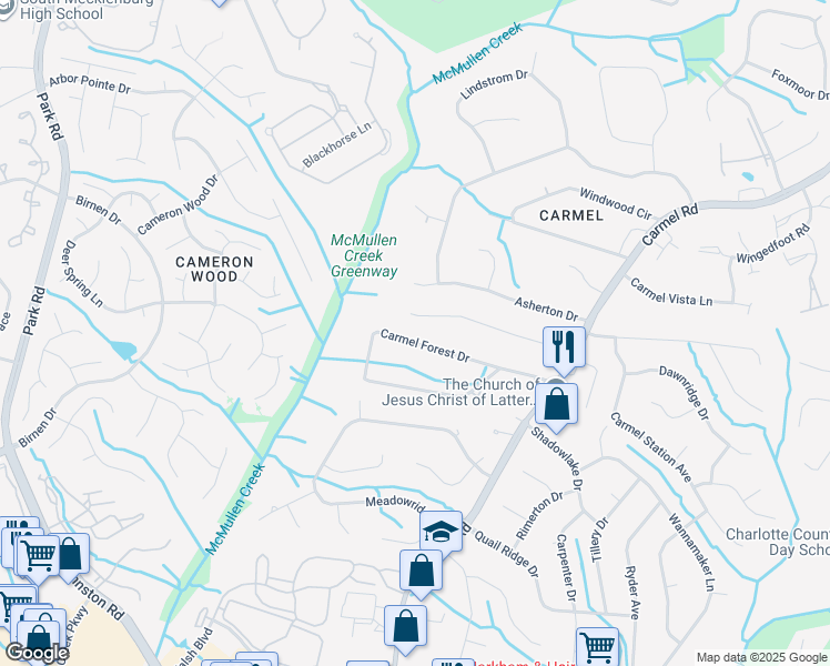 map of restaurants, bars, coffee shops, grocery stores, and more near 4109 Carmel Forest Drive in Charlotte