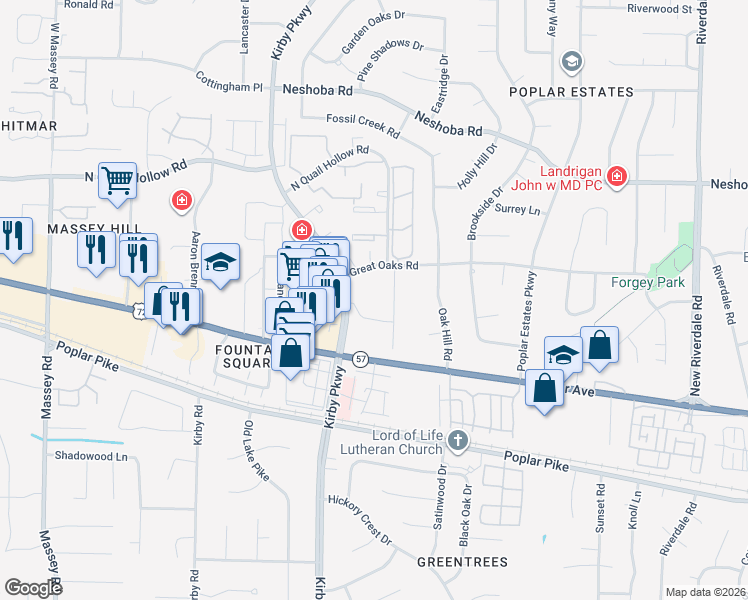 map of restaurants, bars, coffee shops, grocery stores, and more near 1790 Kirby Parkway in Memphis