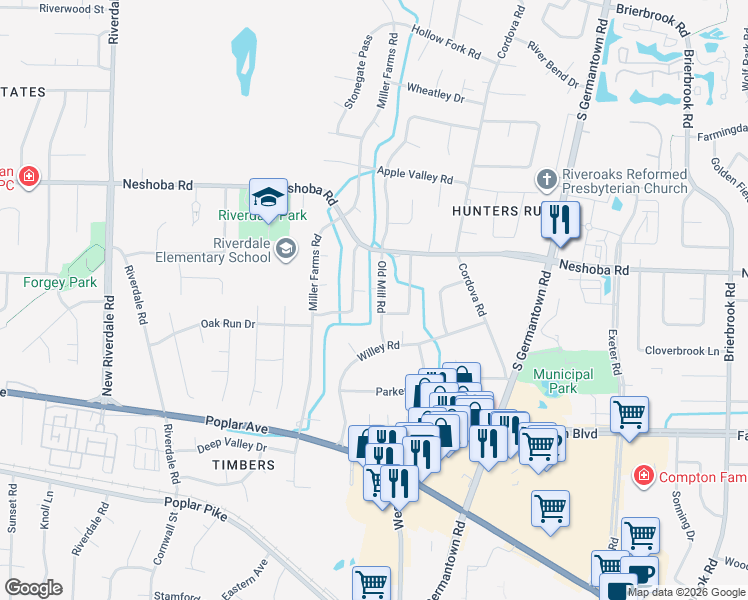 map of restaurants, bars, coffee shops, grocery stores, and more near 1801 Old Mill Road in Memphis