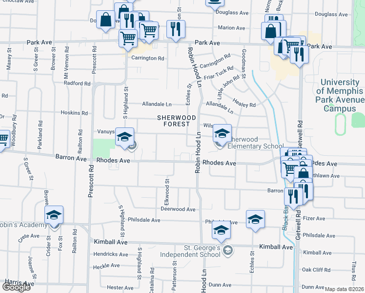map of restaurants, bars, coffee shops, grocery stores, and more near 1154 Elkwood Cove in Memphis