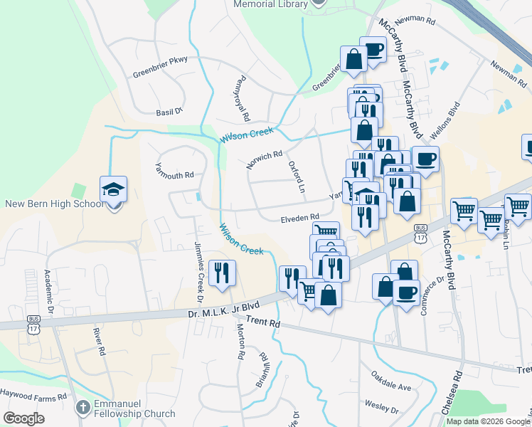 map of restaurants, bars, coffee shops, grocery stores, and more near 3712 Elveden Road in New Bern