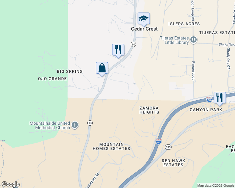 map of restaurants, bars, coffee shops, grocery stores, and more near 5 Shasta Court in Cedar Crest