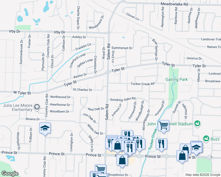 map of restaurants, bars, coffee shops, grocery stores, and more near 1450 Salem Road in Conway