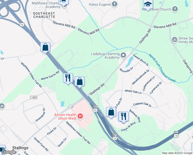 map of restaurants, bars, coffee shops, grocery stores, and more near 2003 Stallings Road in Stallings