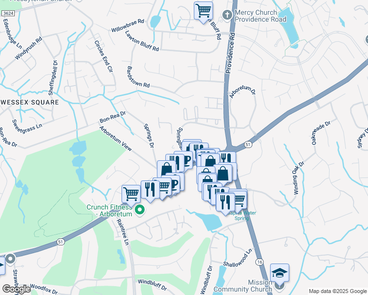 map of restaurants, bars, coffee shops, grocery stores, and more near 3119 Springbank Lane in Charlotte