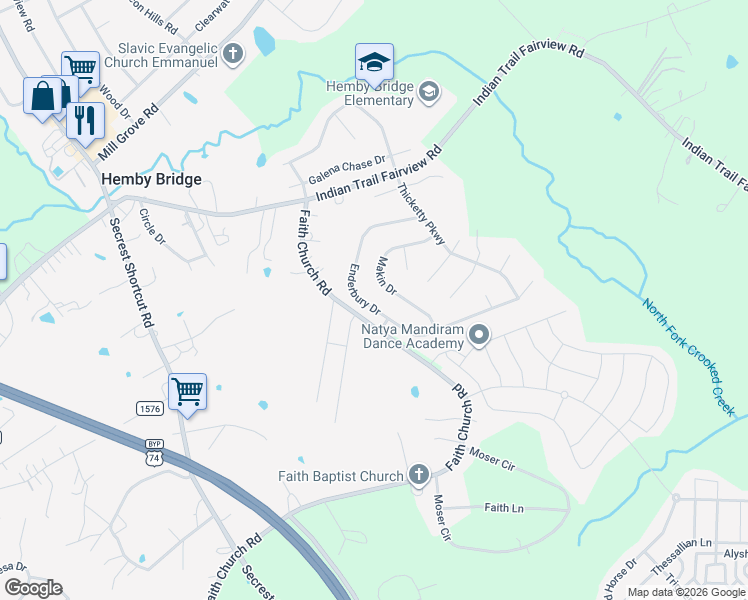 map of restaurants, bars, coffee shops, grocery stores, and more near 1043 Enderbury Drive in Indian Trail