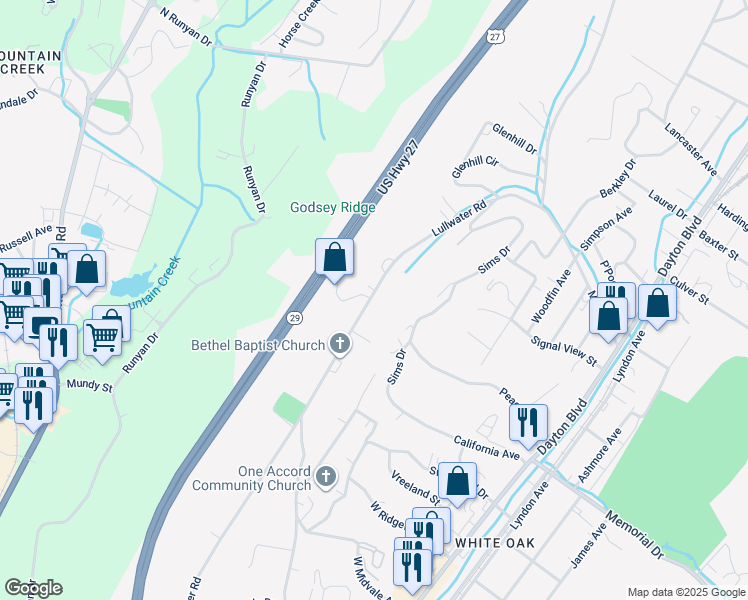 map of restaurants, bars, coffee shops, grocery stores, and more near 804 Lullwater Road in Chattanooga