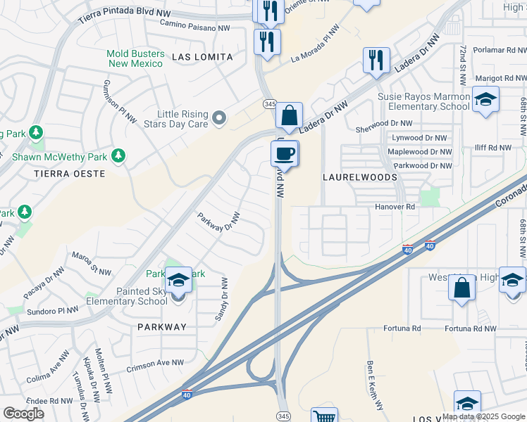 map of restaurants, bars, coffee shops, grocery stores, and more near 8008 Lynnhaven Place Northwest in Albuquerque