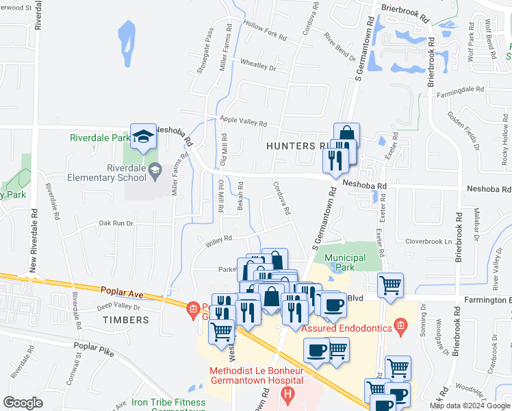 map of restaurants, bars, coffee shops, grocery stores, and more near 1798 Hayden Road in Germantown