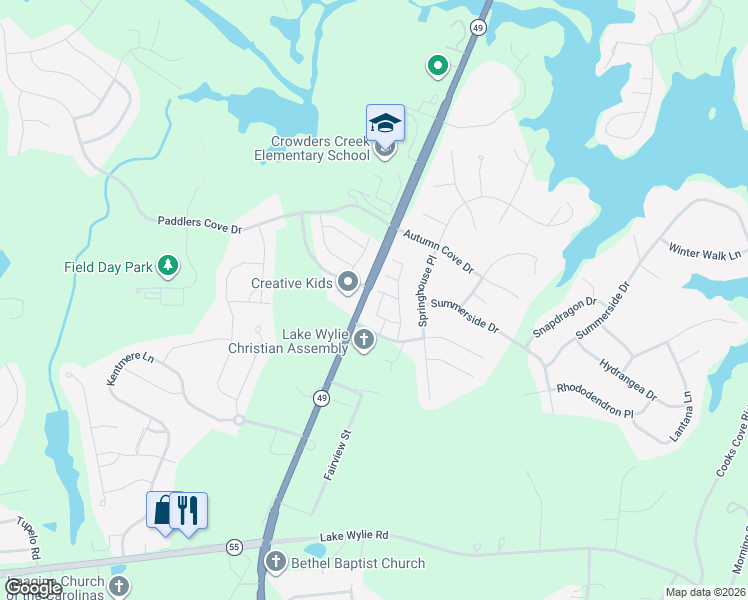 map of restaurants, bars, coffee shops, grocery stores, and more near 220 Gold Leaf Circle in Clover