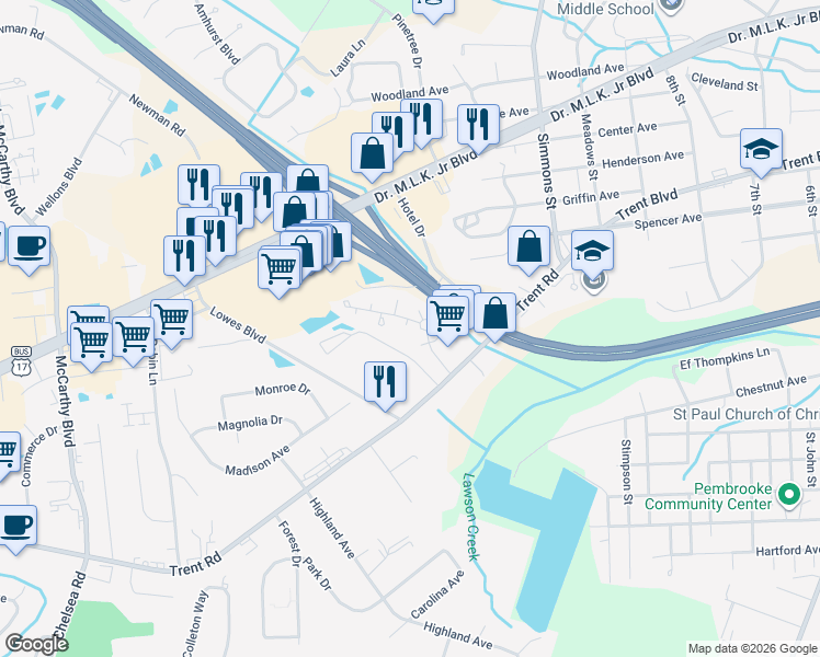 map of restaurants, bars, coffee shops, grocery stores, and more near 2804 Currituck Court in New Bern