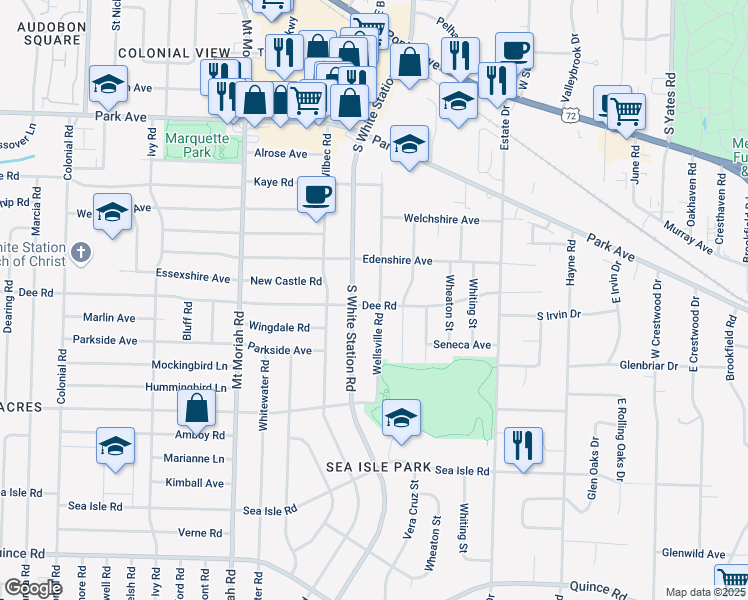 map of restaurants, bars, coffee shops, grocery stores, and more near 1168 South White Station Road in Memphis