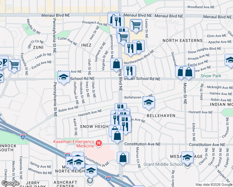map of restaurants, bars, coffee shops, grocery stores, and more near 1611 Wyoming Boulevard Northeast in Albuquerque