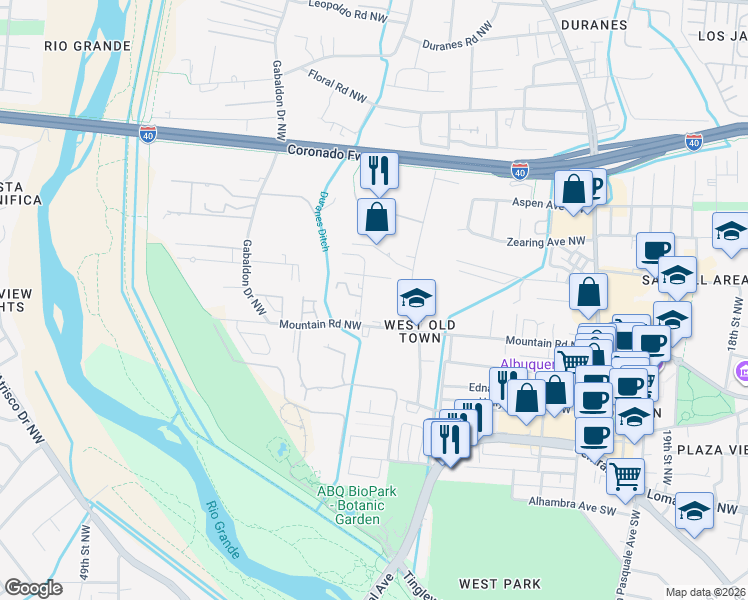 map of restaurants, bars, coffee shops, grocery stores, and more near 2821 Mountain Road Northwest in Albuquerque