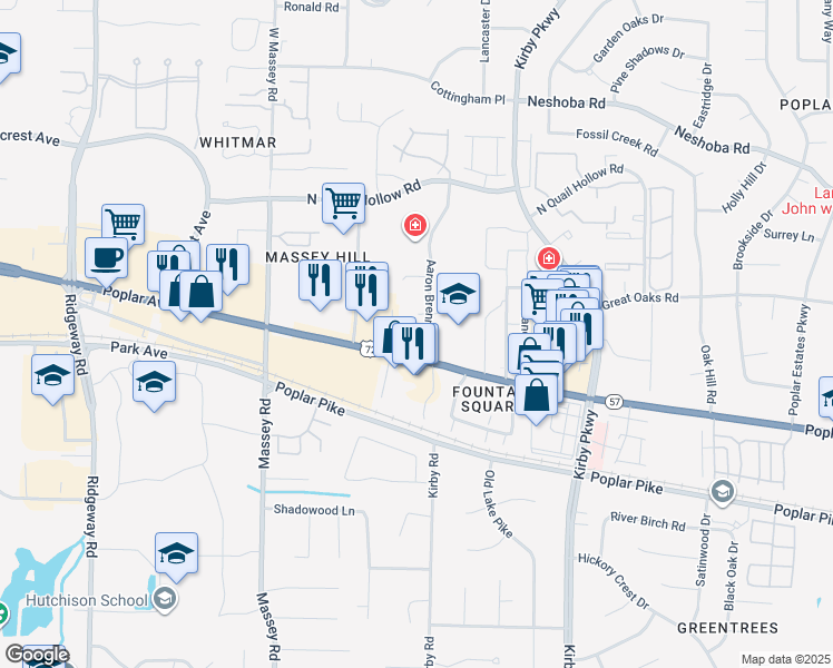 map of restaurants, bars, coffee shops, grocery stores, and more near 6500 Tennessee 57 in Memphis