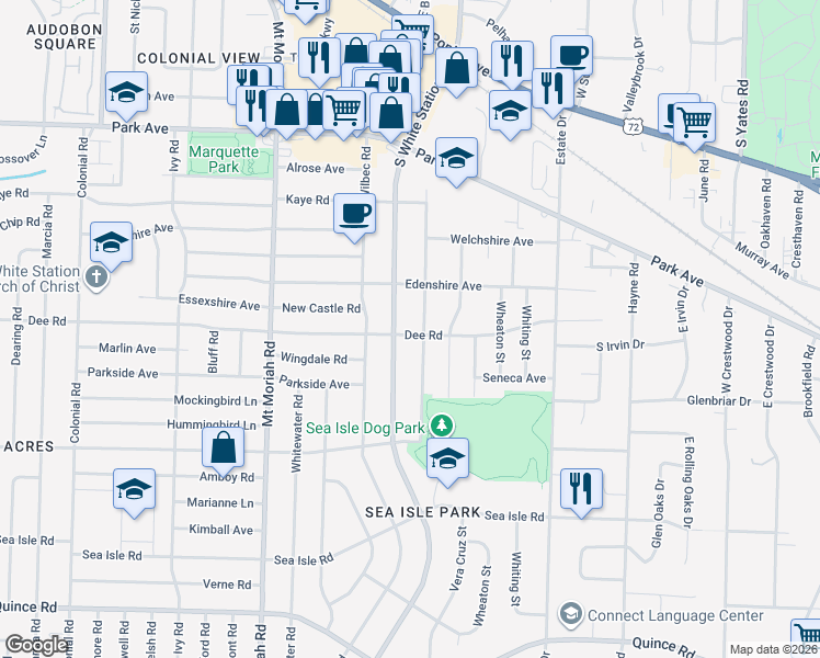 map of restaurants, bars, coffee shops, grocery stores, and more near 1168 South White Station Road in Memphis