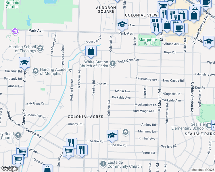 map of restaurants, bars, coffee shops, grocery stores, and more near 1164 Marcia Road in Memphis