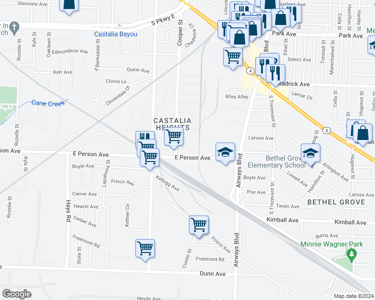 map of restaurants, bars, coffee shops, grocery stores, and more near 2160 East Person Avenue in Memphis