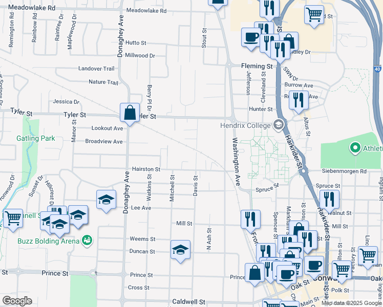 map of restaurants, bars, coffee shops, grocery stores, and more near 1527 Davis Street in Conway