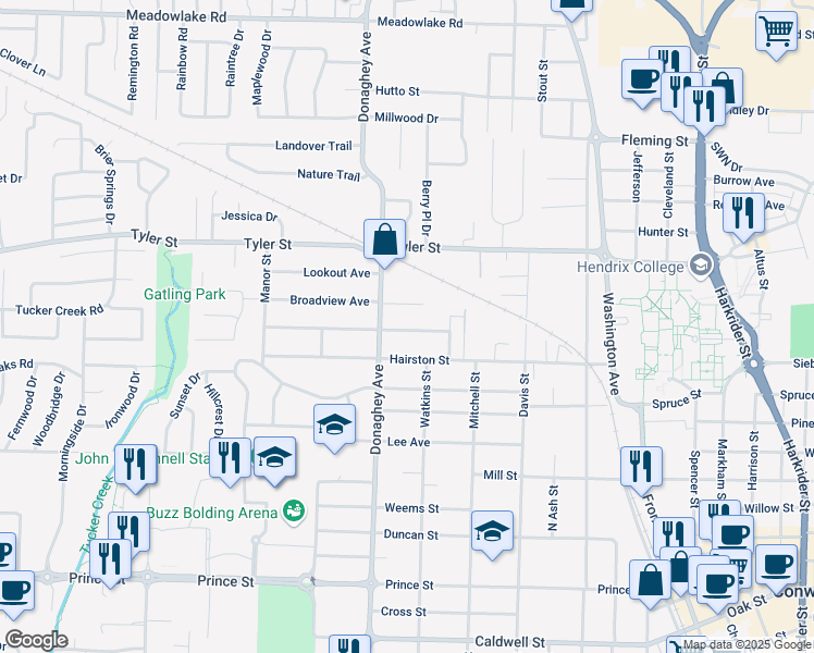 map of restaurants, bars, coffee shops, grocery stores, and more near 2021 Arkansas Avenue in Conway