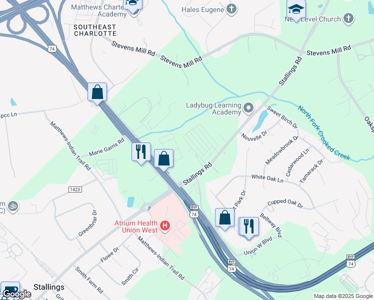 map of restaurants, bars, coffee shops, grocery stores, and more near 1935 Stallings Road in Matthews