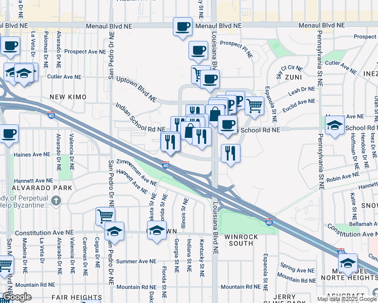 map of restaurants, bars, coffee shops, grocery stores, and more near 6565 Americas Parkway in Albuquerque