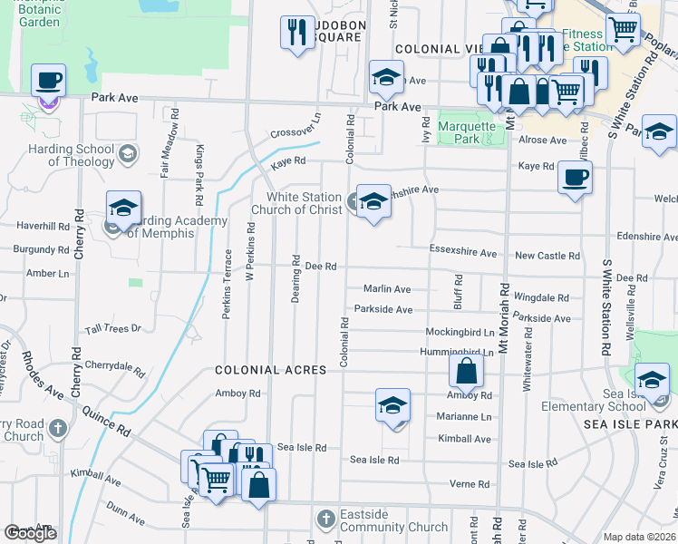 map of restaurants, bars, coffee shops, grocery stores, and more near 1164 Marcia Road in Memphis