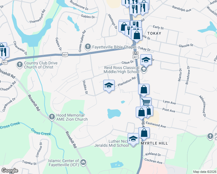 map of restaurants, bars, coffee shops, grocery stores, and more near 306 Plantation Road in Fayetteville