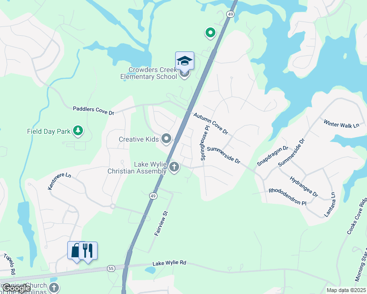 map of restaurants, bars, coffee shops, grocery stores, and more near 614 Bayou Circle in Clover