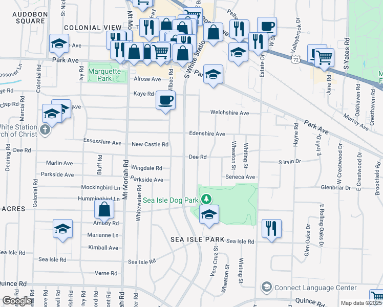 map of restaurants, bars, coffee shops, grocery stores, and more near 1168 South White Station Road in Memphis