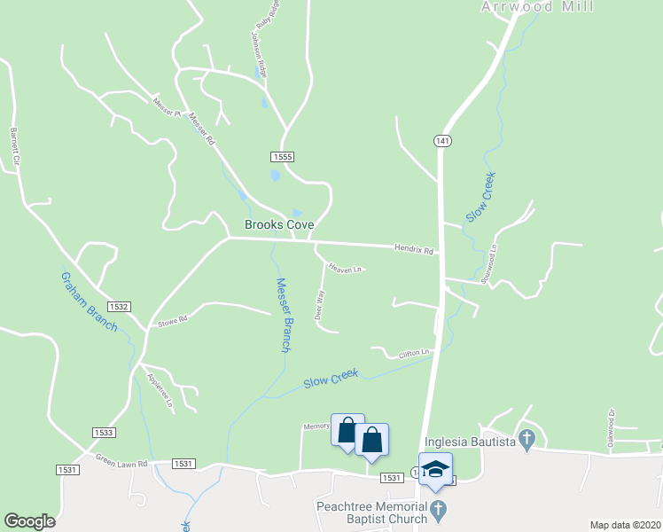 map of restaurants, bars, coffee shops, grocery stores, and more near Deerfield Lane in Murphy