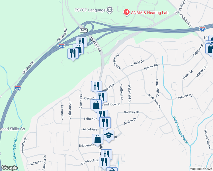 map of restaurants, bars, coffee shops, grocery stores, and more near 7205 Fillyaw Road in Fayetteville