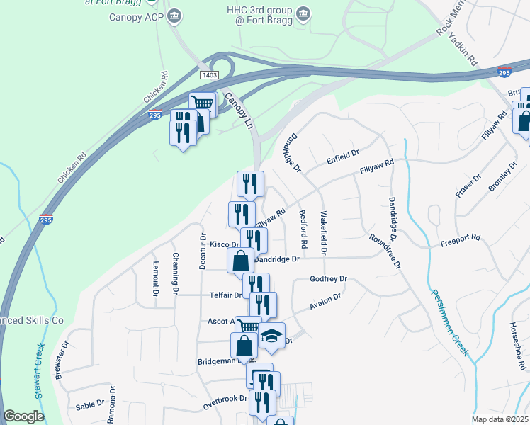 map of restaurants, bars, coffee shops, grocery stores, and more near 7205 Fillyaw Road in Fayetteville