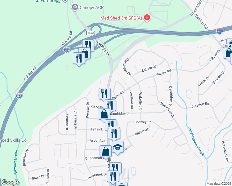 map of restaurants, bars, coffee shops, grocery stores, and more near 7205 Fillyaw Road in Fayetteville