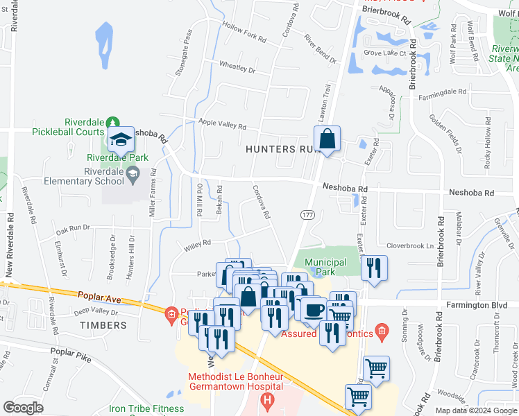 map of restaurants, bars, coffee shops, grocery stores, and more near 1779 Cordova Road in Germantown